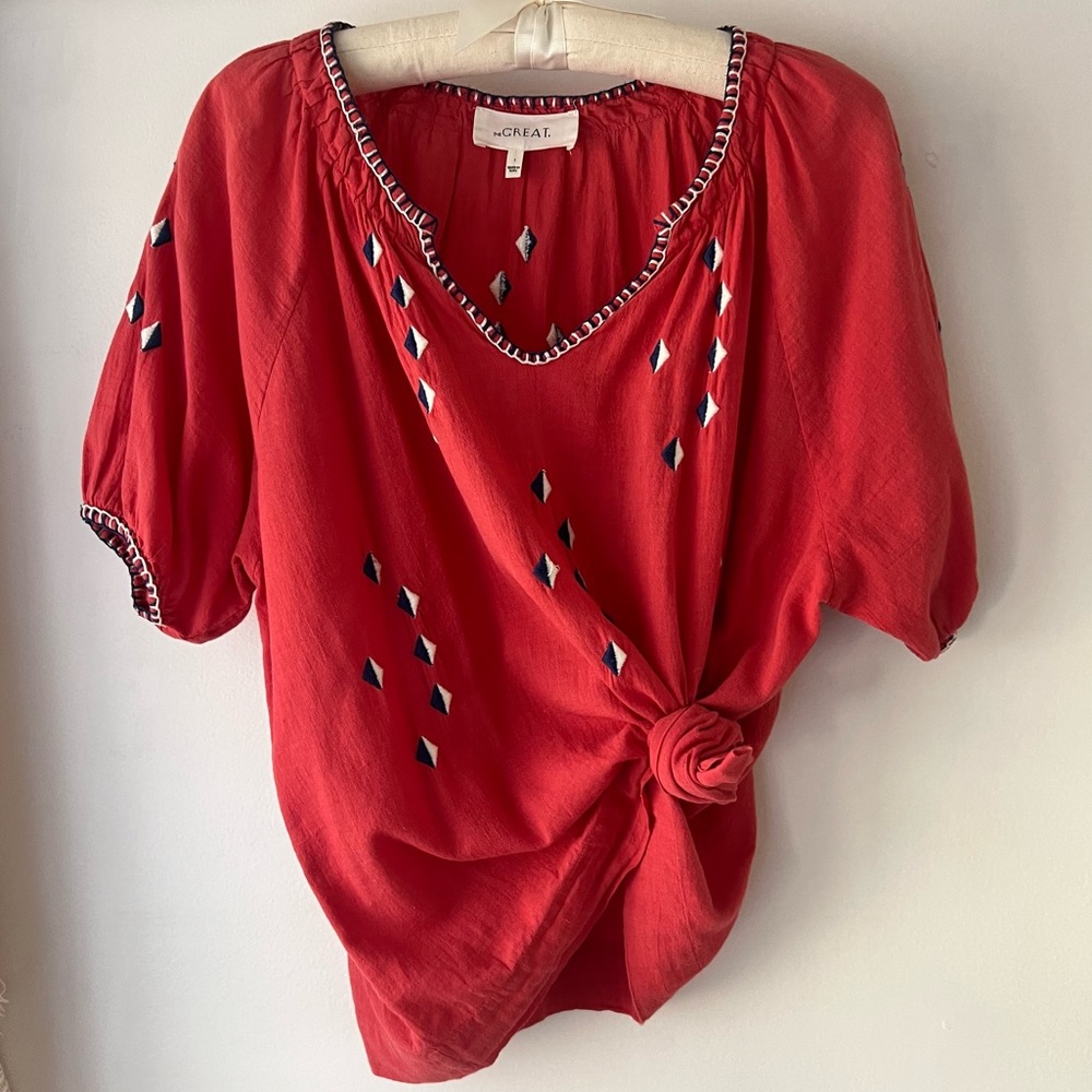 The Great Cotton S/S Top with embroidered accents & tunic style collar, size 1